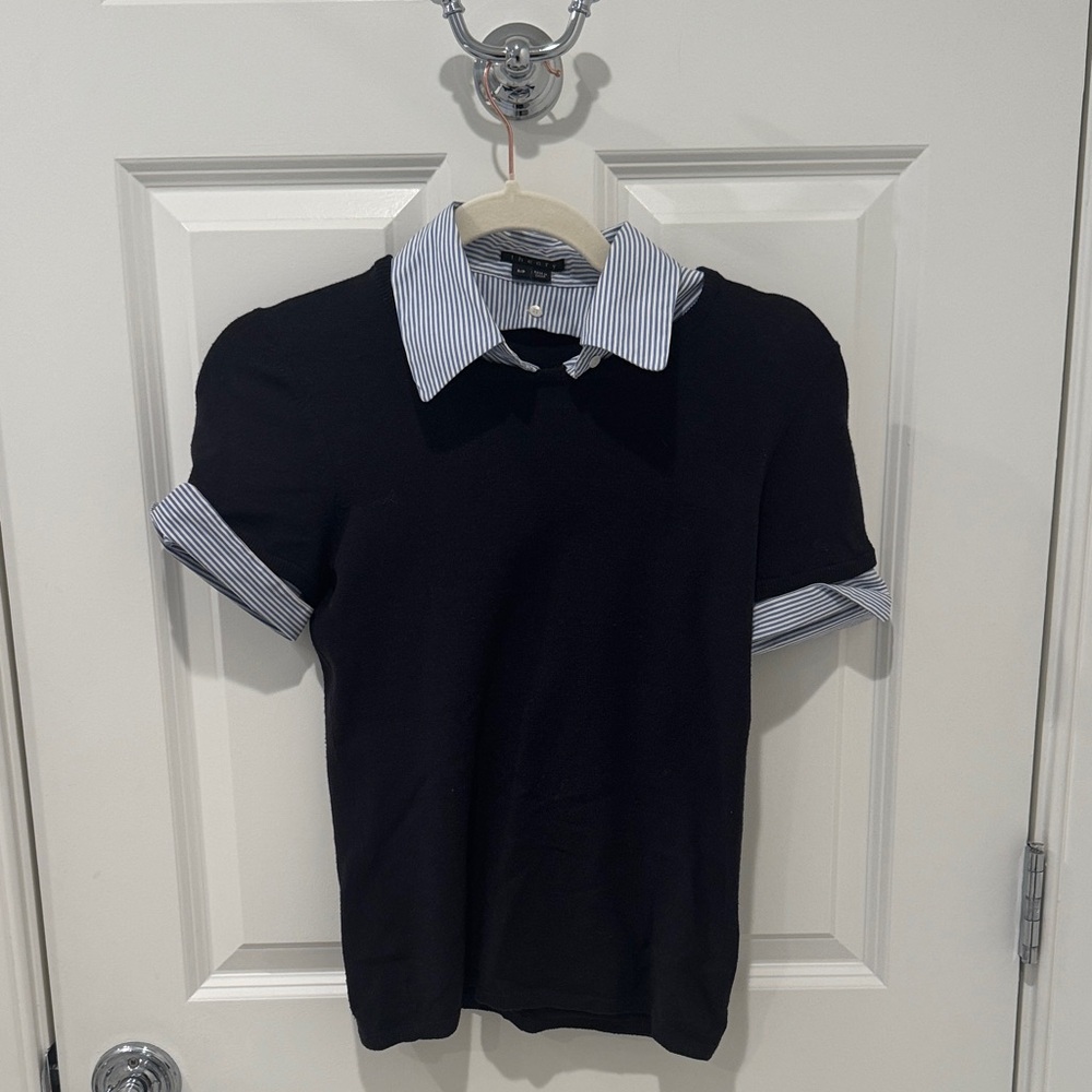 Theory Navy Sweater with Blue Striped Collar